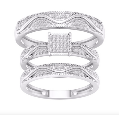 Square Frame Diamond Cluster Trio Bridal Set (0.20CT) in 10K Gold - Size 7 to 12