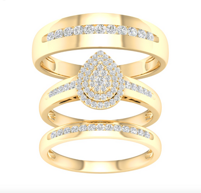 Pear Frame Round Cut Diamond Trio Bridal Set (0.50CT) in 10K Gold - Size 7 to 12