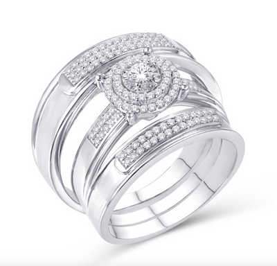 Round Frame Halo Diamond Trio Bridal Set (0.36CT) in 10K Gold - Size 7 to 12