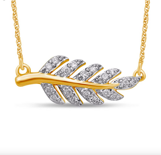 14K Gold Vertical Leaf Diamond Pendant with Chain 0.10CTW