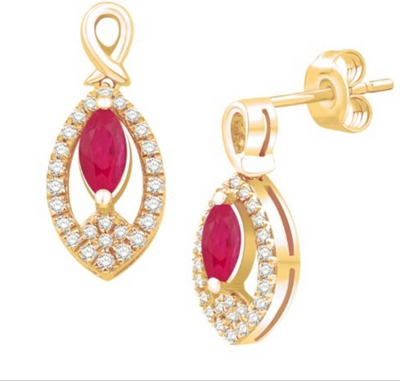 Tear Shape Ruby Dangle Drop Diamond Halo Stud Earring (0.66CT) in 14K Gold (Yellow or White)