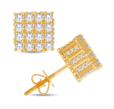 Square Shape Diamond Cluster Stud Earring (0.76CT) in 10K Gold (Yellow or White)