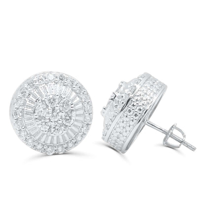 Round domed diamond cluster stud earrings in white gold, circular pavé design