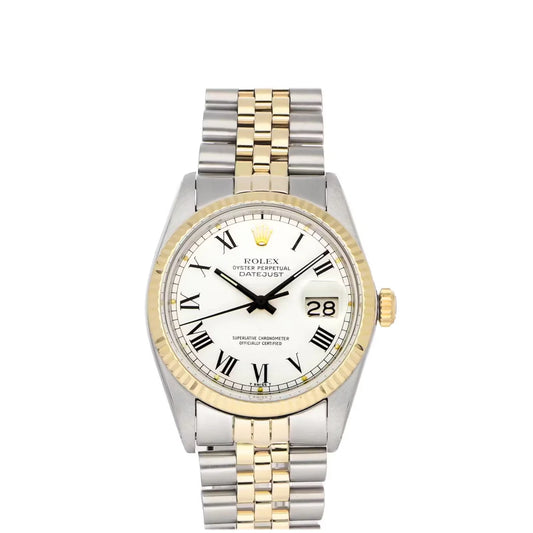 Rolex Datejust 36mm 2 Tone 18k Yellow Gold & Stainless Steel White Dial Fluted Bezel Jubilee Watch 1601