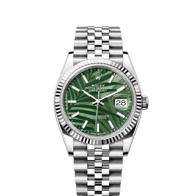 Rolex Datejust 36mm 18k White Gold Fluted Bezel Green Motif Dial Jubilee Stainless Steel Watch 126234