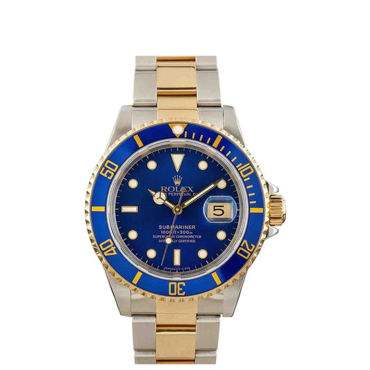 Rolex Submariner 40mm 2 Tone 18k Yellow Gold & Stainless Steel Blue Dial & Bezel Oyster Steel Watch 16613