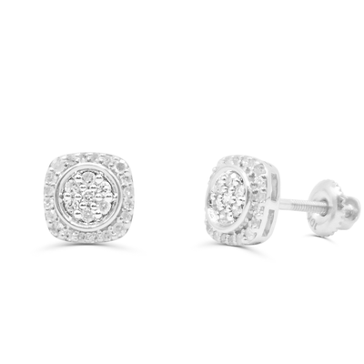 Square Shape Rounded Center Diamond Cluster Stud Earring (0.25CT) in 10K Gold (Yellow or White)