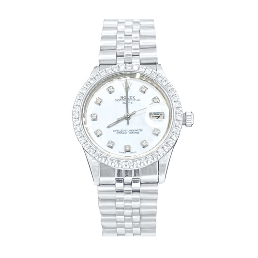 Rolex Day-Date 34mm 2CT Diamond Bezel Silver Stainless Steel Watch