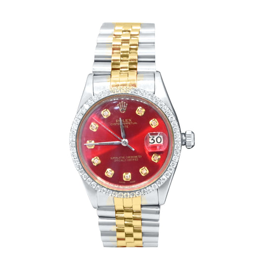 Rolex Oyester Perpetual Date 34mm 2CT Diamond Bezel Red Dial 2 Tone Yellow Gold and Silver Stainless Steel
