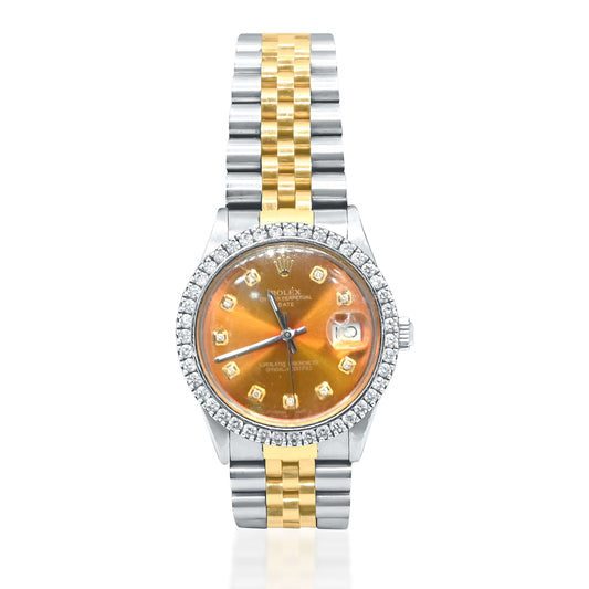 Rolex Oyester Perpetual Date 34mm 2CT Diamond Bezel Orange Dial 2 Tone Yellow Gold and Silver Stainless Steel