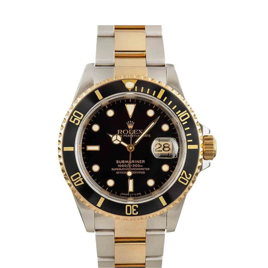 Rolex Submariner 40mm 2 Tone 18k Yellow Gold & Stainless Steel Date Black Dial & Bezel Stainless Steel Watch 16613