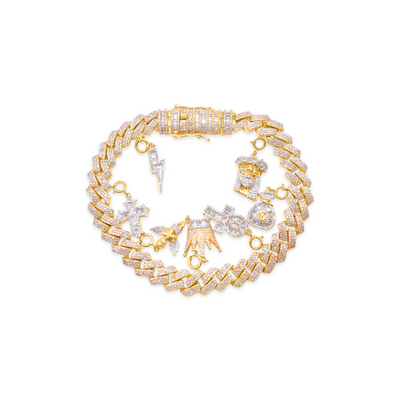 Multi Charm Cuban Link Diamond Bracelet in 10K Gold - 8mm