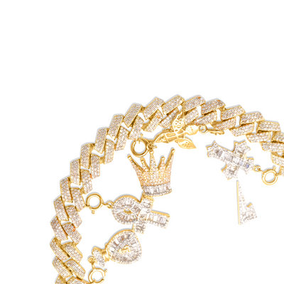 Multi Charm Cuban Link Diamond Bracelet in 10K Gold - 8mm